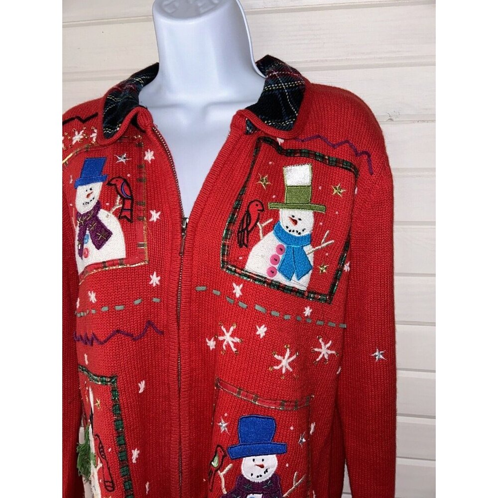 Planet & Company Sz MEDIUM Red Snowman Full Zip Sweater Plaid Collar EUC